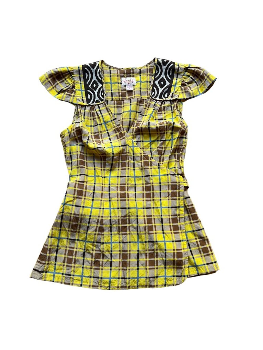 Plenty By Tracy Reese Size 4 Yellow Brown Plaid Silk Blend Cap Sleeve Blouse Top